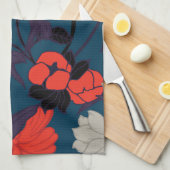 エレガントで青及び赤い花パターン キッチンタオル (四つ折り)