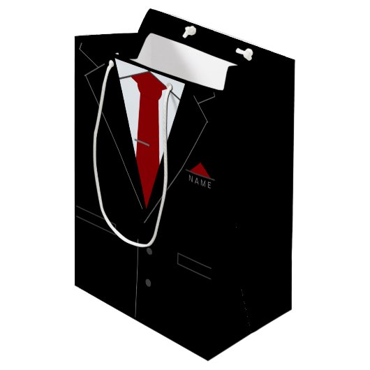 エレガントで黒いスーツ及び赤いネクタイ-あなたの名前を加えて下さい ミディアムペーパーバッグ (正面アングル)