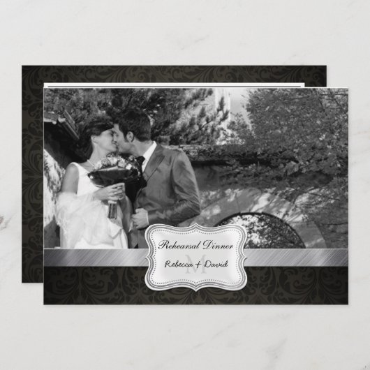 エレガントで黒いダマスク織の結婚式のリハーサルの夕食 招待状 (正面/裏面)