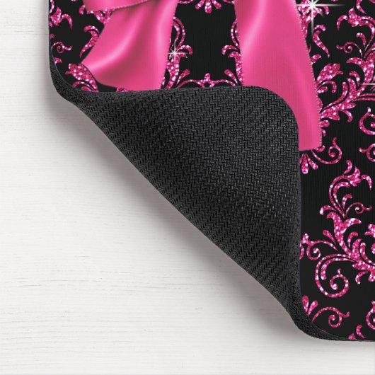 エレガントで黒いピンクのダマスク織のダイヤモンドの弓カスタム マウスパッド (コーナー)