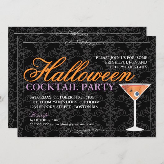 エレガントで黒いレースのハロウィンのカクテルパーティー 招待状 (正面/裏面)