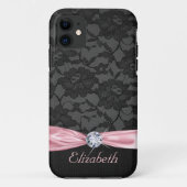 エレガントで黒いレースのピンクのサテンリボンおよびダイヤモンド Case-Mate iPhoneケース (裏面)