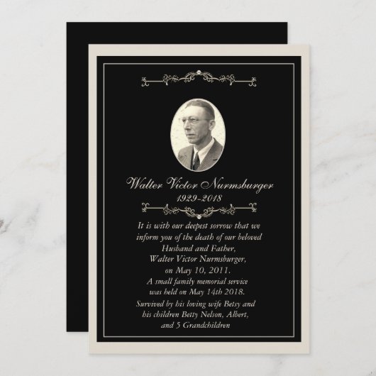 エレガントで黒い写真の死の発表カード 案内状 (正面/裏面)