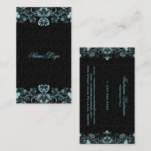 エレガントで黒い及びパステル調の青い花柄の渦巻 名刺 (正面/裏面)