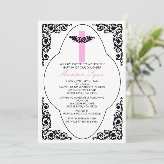 エレガントで黒い及びピンクの洗礼の招待状 招待状 (スタンド正面)