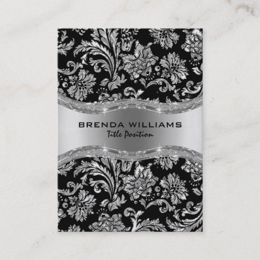 エレガントで黒い及び金属銀製のヴィンテージのダマスク織 名刺 (正面)