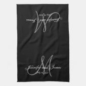 エレガントで黒い灰色のモノグラムの新婚者の結婚式 キッチンタオル (縦)
