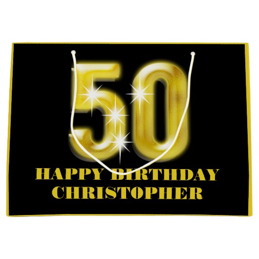 エレガントで黒い金ゴールドののど第50の誕生祝い ラージペーパーバッグ (正面)