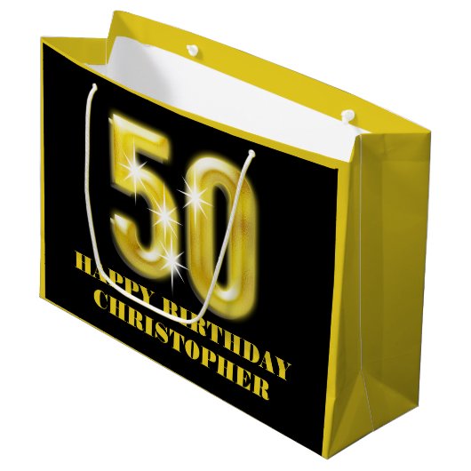 エレガントで黒い金ゴールドののど第50の誕生祝い ラージペーパーバッグ (正面アングル)