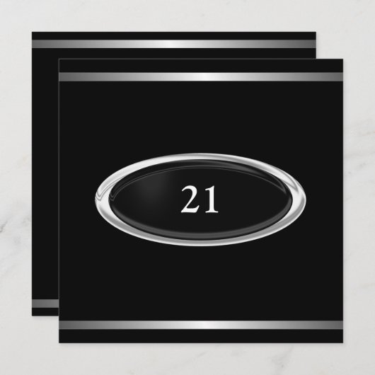 エレガントで黒い銀のストライプの第21誕生日の男性 招待状 (正面/裏面)
