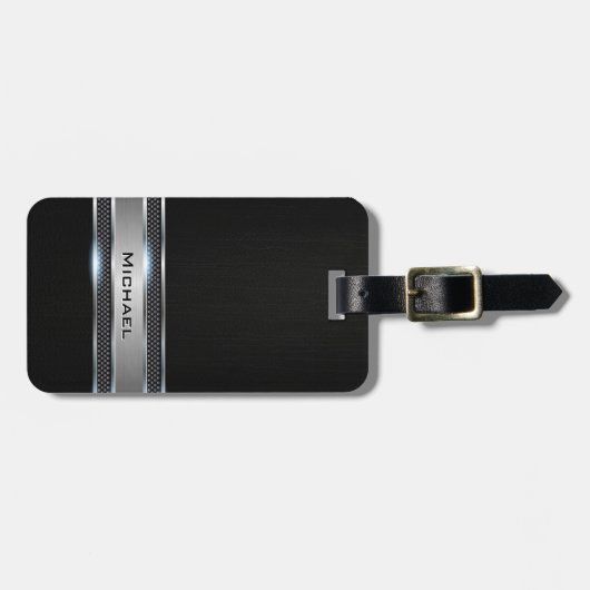 エレガントで黒い革および銀の金属のラベルの一見 ラゲッジタグ (正面横)