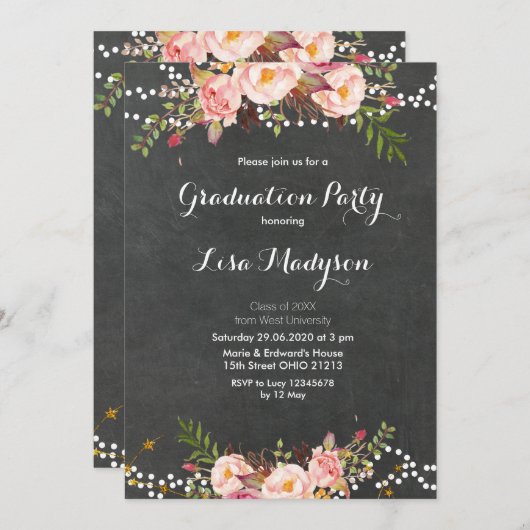 エレガントで黒い黒板の卒業カード 招待状 (正面/裏面)