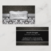 エレガントで黒く及び白いダマスク織および金属銀 名刺 (正面/裏面)