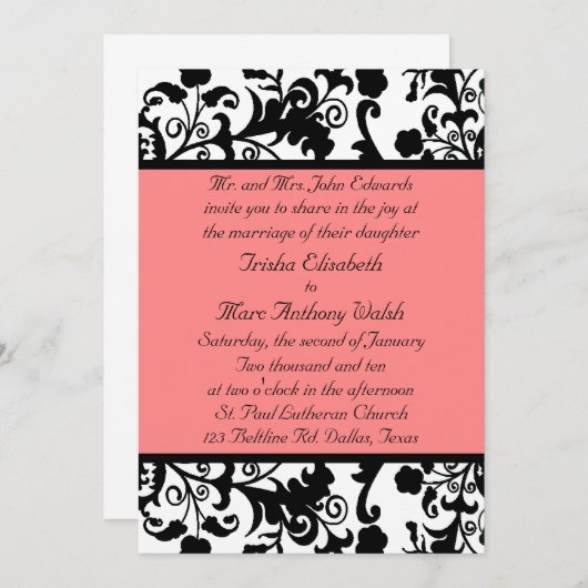 エレガントで黒く、白い、およびモモの結婚式招待状 招待状 (正面/裏面)