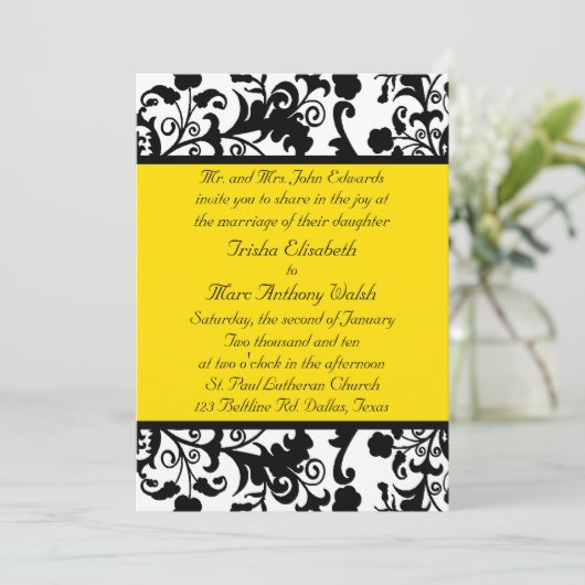 エレガントで黒く、白く、及び黄色の結婚式招待状 招待状 (スタンド正面)