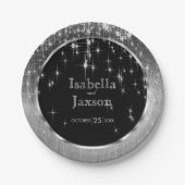 エレガントで黒く、銀製の星明かりの結婚 ペーパープレート (正面)
