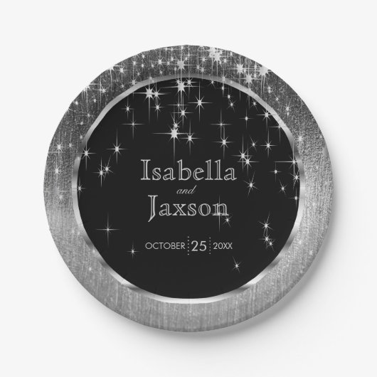 エレガントで黒く、銀製の星明かりの結婚 ペーパープレート (正面)