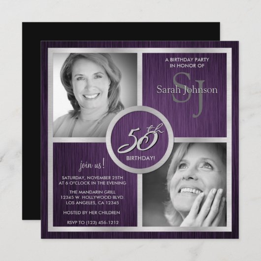 エレガントで黒く、銀製の第50誕生日の写真 招待状 (正面/裏面)
