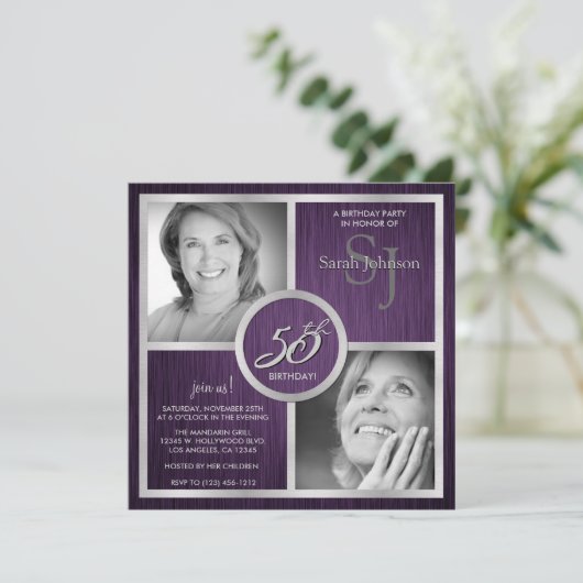 エレガントで黒く、銀製の第50誕生日の写真 招待状 (スタンド正面)