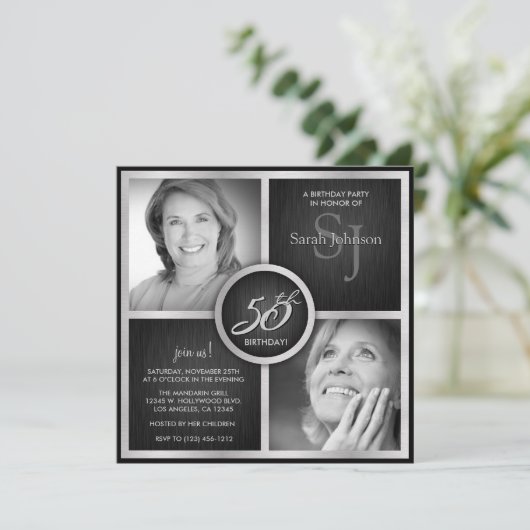 エレガントで黒く、銀製の第50誕生日の写真 招待状 (スタンド正面)