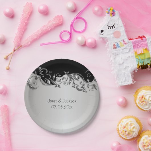 エレガントで黒く、銀製の花の結婚式のデザイン ペーパープレート (パーティー)