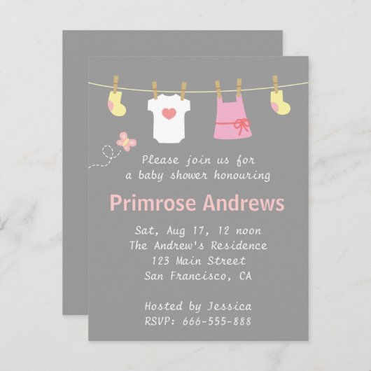 エレガントで、かわいい女の子のベビーシャワー、灰色の背景 招待状 (正面/裏面)