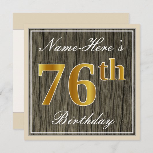 エレガントで、フェイクな木、フェイクな金ゴールドの第76誕生日 + 名前 招待状 (正面/裏面)