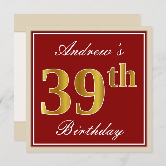 エレガントで、赤く、フェイクな金ゴールドの第39誕生日; 名前をカスタムする 招待状 (正面/裏面)