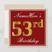 エレガントで、赤く、フェイクな金ゴールドの第53誕生日; 名前をカスタムする 招待状 (正面/裏面)