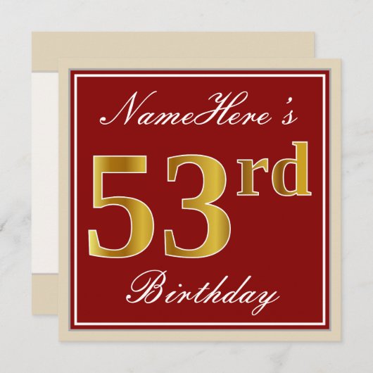 エレガントで、赤く、フェイクな金ゴールドの第53誕生日; 名前をカスタムする 招待状 (正面/裏面)