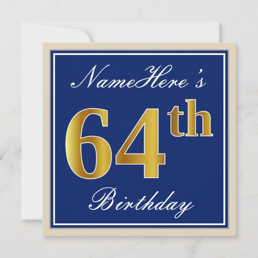 エレガントで、青く、フェイクな金ゴールドの第64誕生日 + 名前 招待状 (正面)