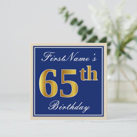 エレガントで、青く、フェイクな金ゴールドの第65誕生日 + 名前 招待状 (スタンド正面)