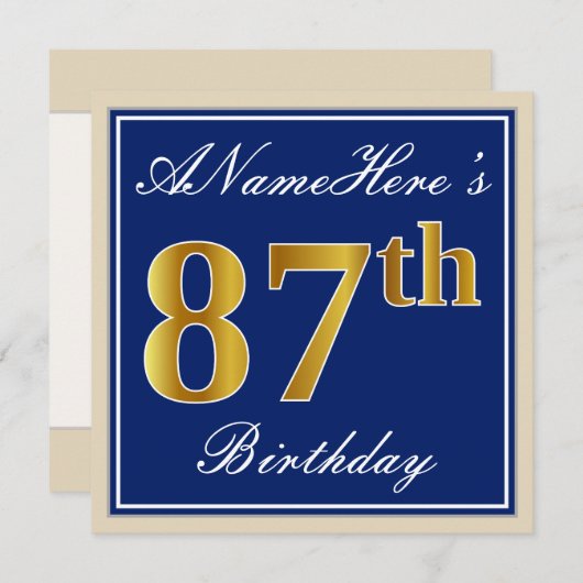 エレガントで、青く、フェイクな金ゴールドの第87誕生日 + 名前 招待状 (正面/裏面)