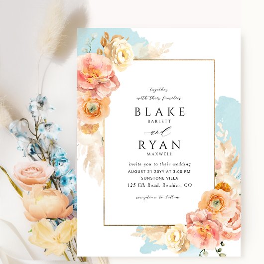 エレガントとシンプル赤面アクア結婚 招待状