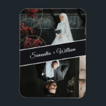 エレガントとモダンカスタム2写真結婚の マグネット<br><div class="desc">こ祝のカスタムの結婚式のマグエレガントネットで愛しパーソナライズされたて2枚の新郎新婦の写真を斜めのバナーで飾スタイリッシュる。結婚式の引き出物モダンに最適なタイムレスなデザイン、日付の保存、家族や友人のための記念品として。自分の写真や名前で簡単にパーソナライズし、何年も大切に思い出す結婚価値のある土産を作り出す。上品な思い出がシンプル欲しいカップルに結婚最適。</div>