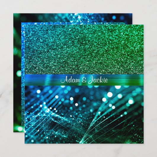エレガントとモダン結婚の青い王室の緑色 招待状 (正面/裏面)
