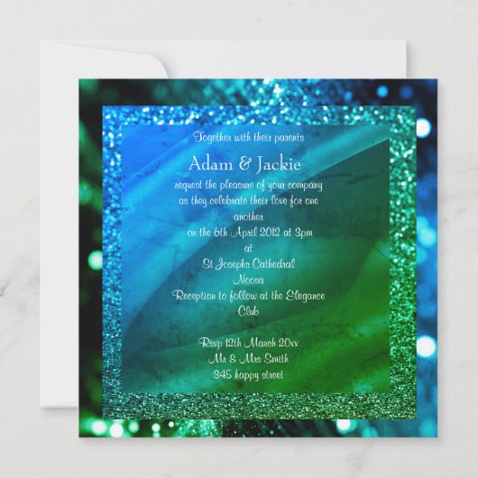 エレガントとモダン結婚の青い王室の緑色 招待状 (裏面)