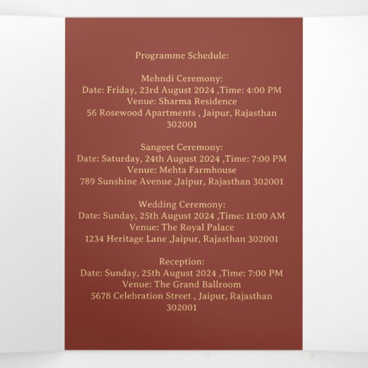 エレガントとユニークインディアン結婚の 三つ折り招待状 (内部中)