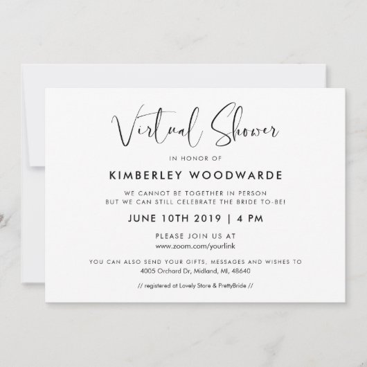 エレガントと白モダンの仮想シャワー 招待状 (正面)