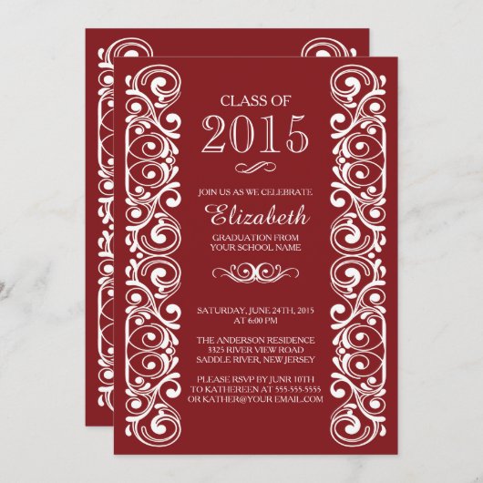 エレガントなあずき色の白い卒業のパーティの招待状 招待状 (正面/裏面)