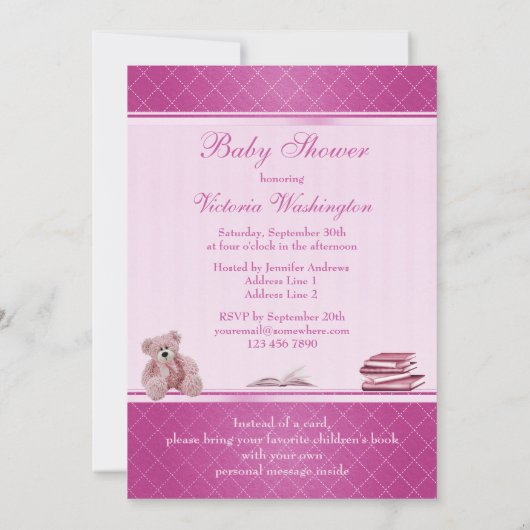 エレガントなかわいいピンクのテディは本のベビーシャワーを持って来ます 招待状 (裏面)