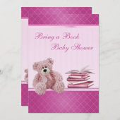 エレガントなかわいいピンクのテディは本のベビーシャワーを持って来ます 招待状 (正面/裏面)