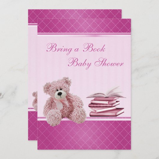 エレガントなかわいいピンクのテディは本のベビーシャワーを持って来ます 招待状 (正面/裏面)