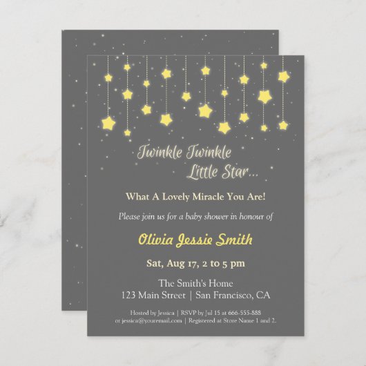 エレガントなきらめきのきらめき少し星のベビーシャワー 招待状 (正面/裏面)