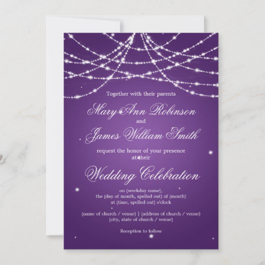 エレガントなきらめくウェディングストリングパープル 招待状 (正面)