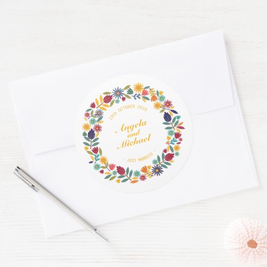 エレガントなたった今結婚しましたの花の結婚式|のステッカーのシール ラウンドシール (封筒)