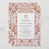 エレガントなのどのばら色の金ゴールドのグリッターのダマスク織バルミツワー 招待状 (正面/裏面)