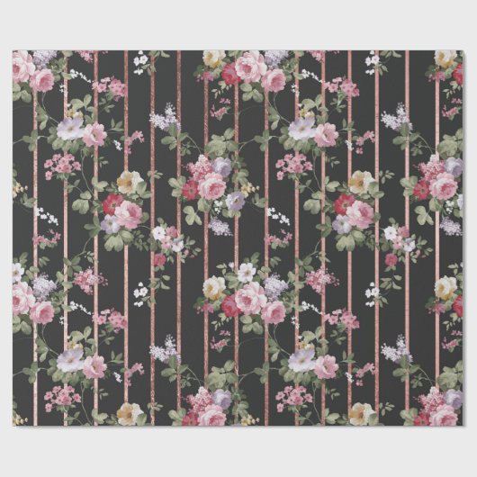 エレガントなのどのばら色の金ゴールドのストライブ柄はヴィンテージのバラを飾ります ラッピングペーパー (フラット)