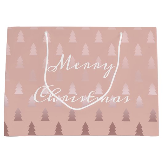 エレガントなばら色の金ゴールドおよびピンクのクリスマスツリーパターン ラージペーパーバッグ (正面)