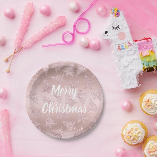 エレガントなばら色の金ゴールドのグリッターのクリスマスツリーパターン ペーパープレート